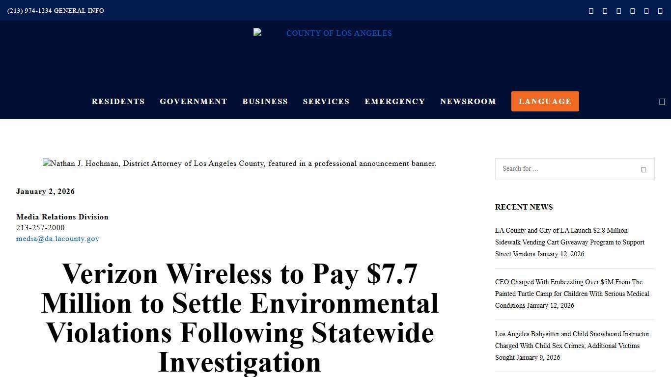 Verizon Wireless to Pay $7.7 Million to Settle Environmental Violations Following Statewide Investigation – COUNTY OF LOS ANGELES