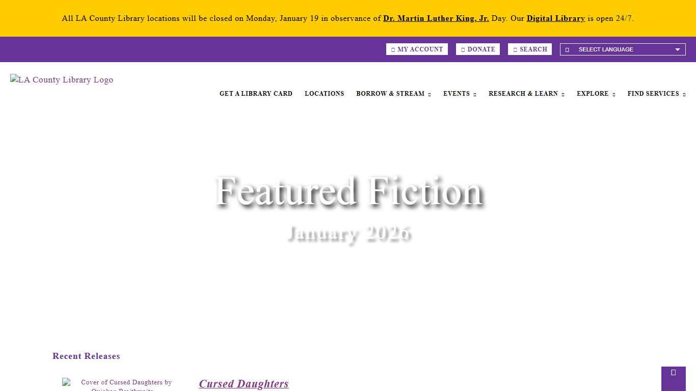 Featured Fiction Booklist – January 2026 – LA County Library