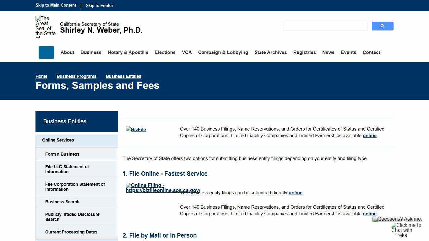 Forms, Samples and Fees :: California Secretary of State